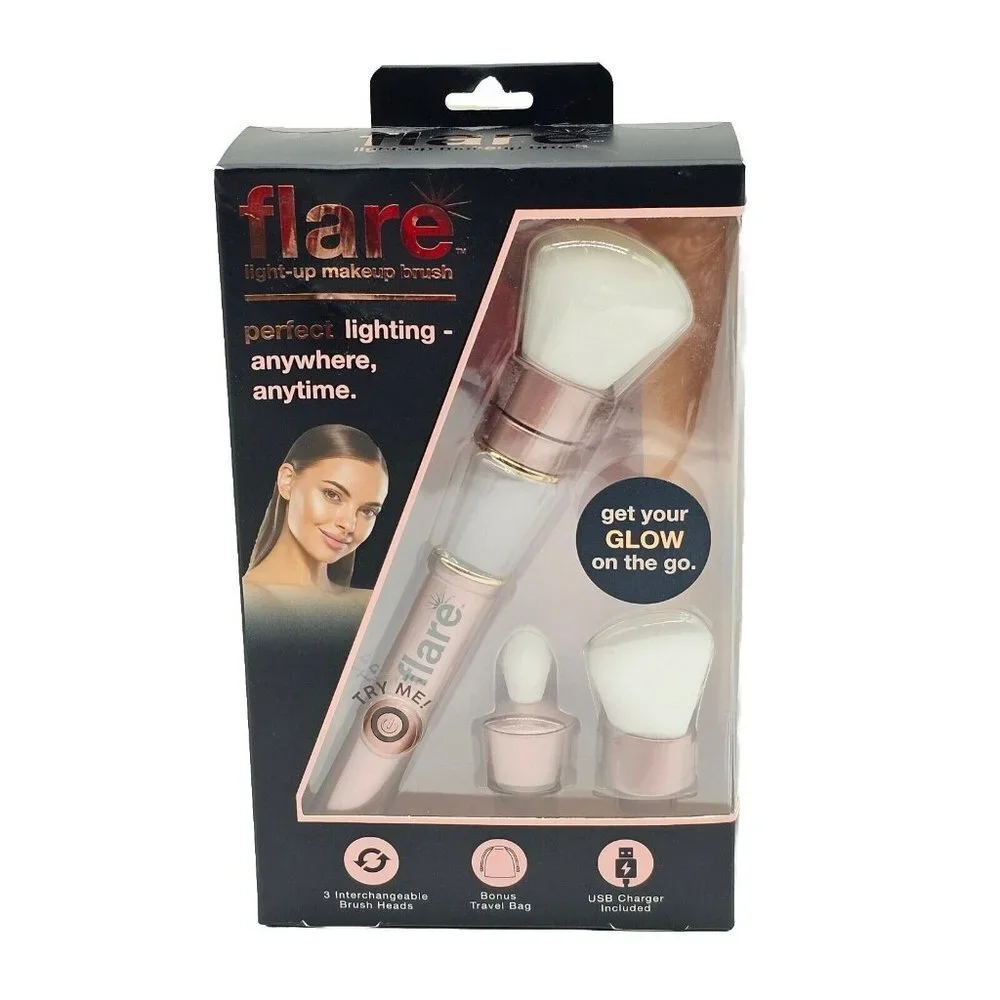 Flare Light Up Makeup Brush Rechargeable Heads Rose Gold Travel Bag USB Charger
